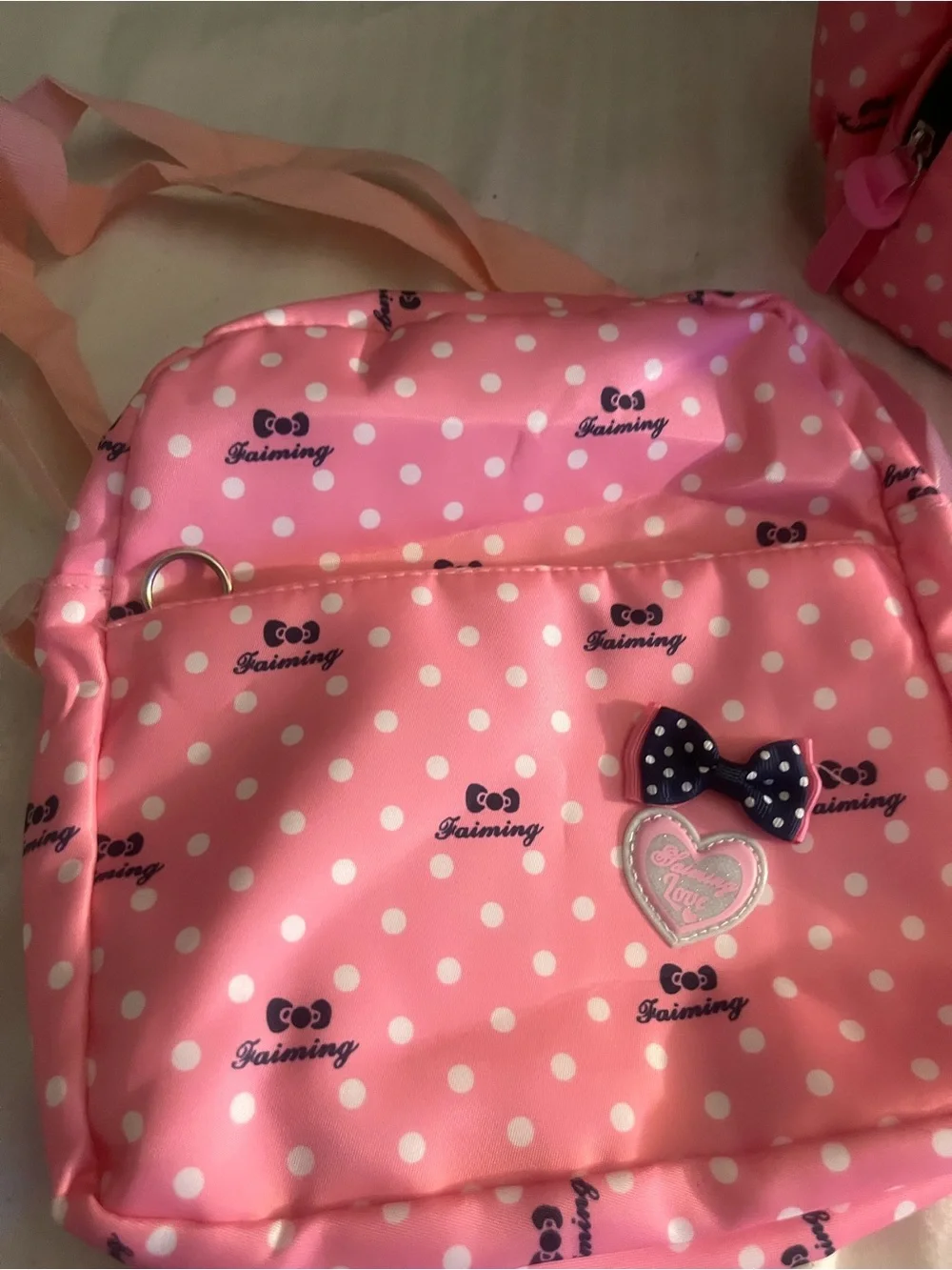 Kids Pink Polka Dot Backpack Set with Bow Accent and Matching Pouch